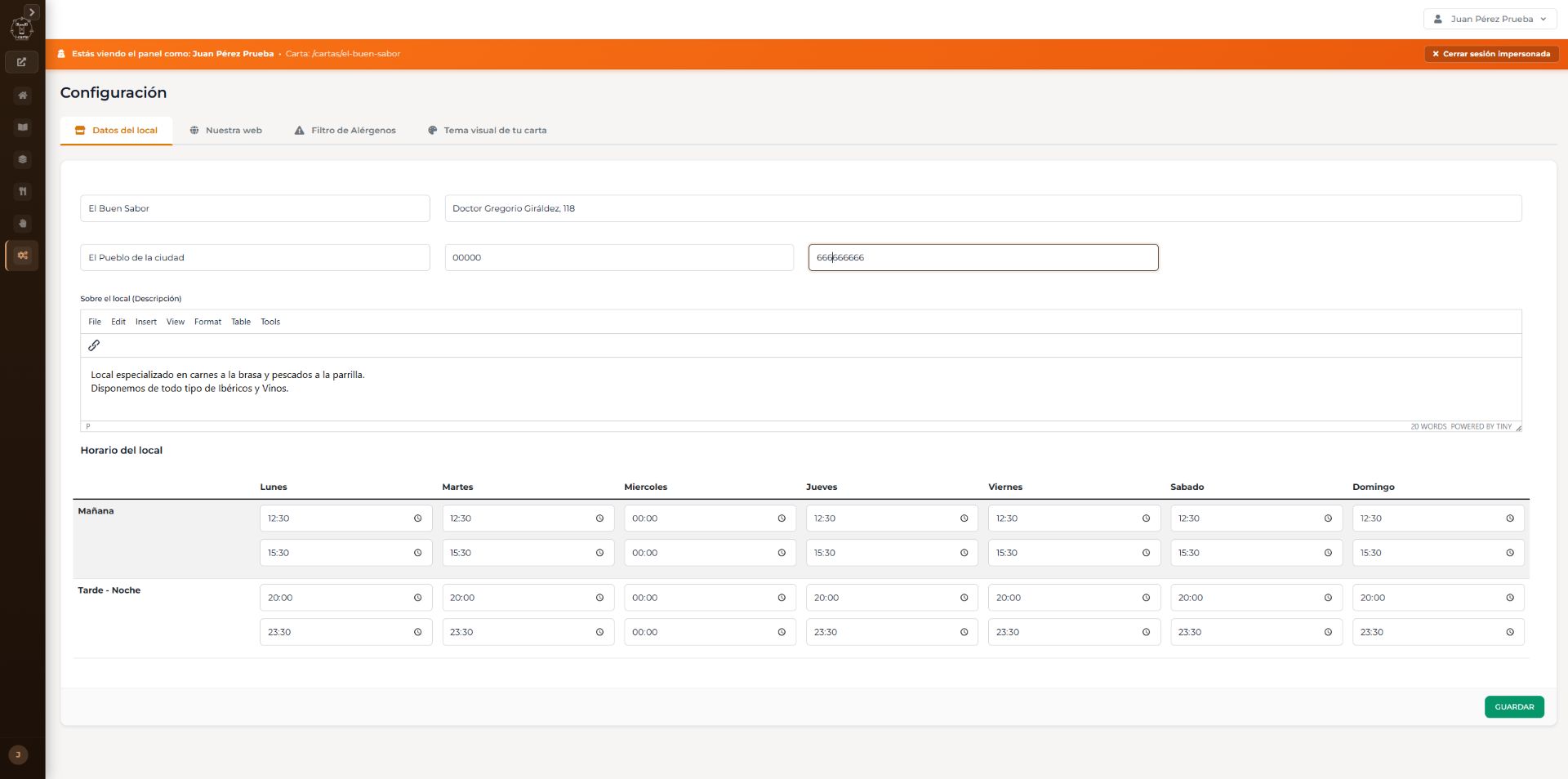Panel de configuración del local con horarios