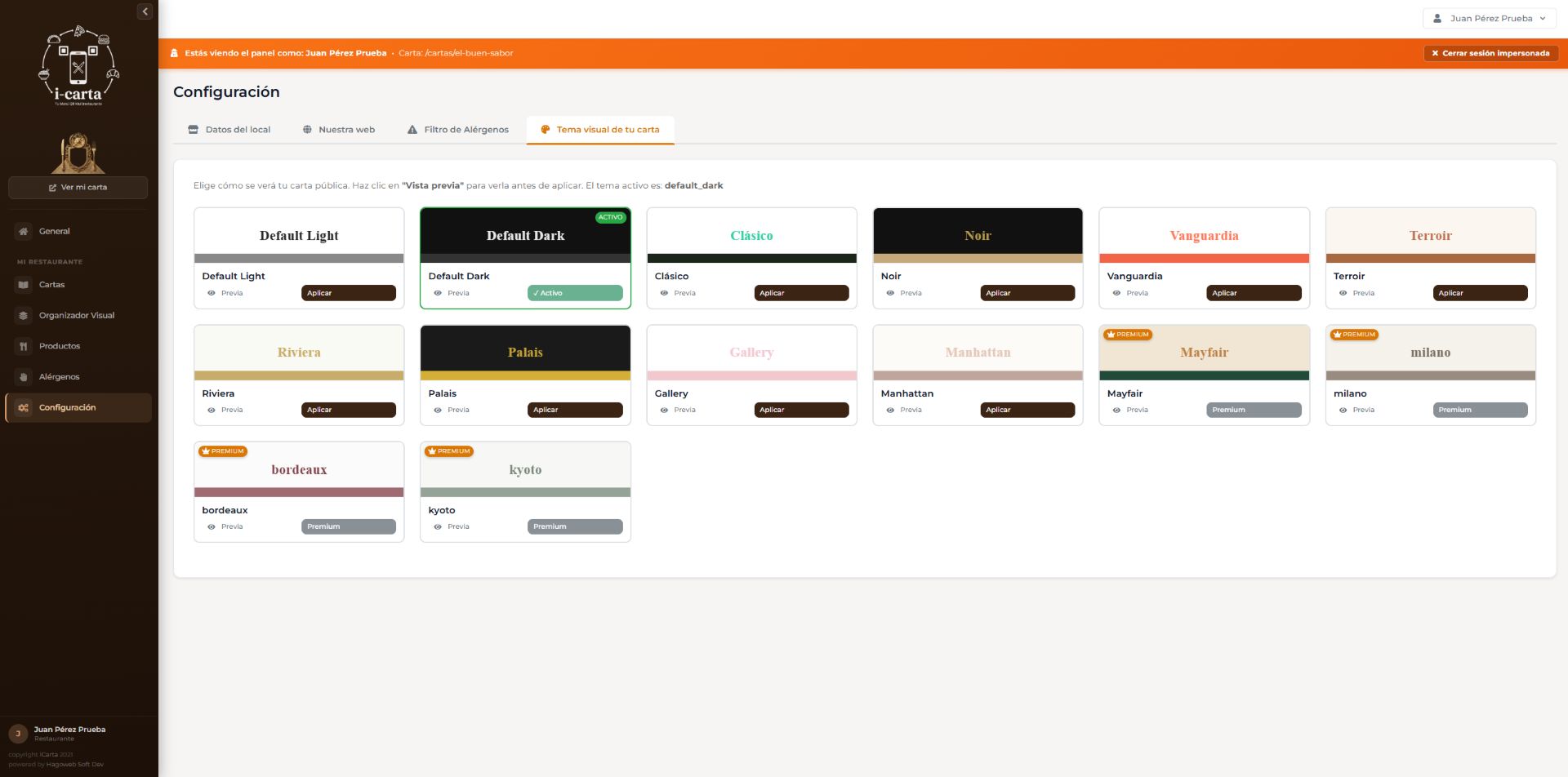 Selector de temas visuales para la carta digital